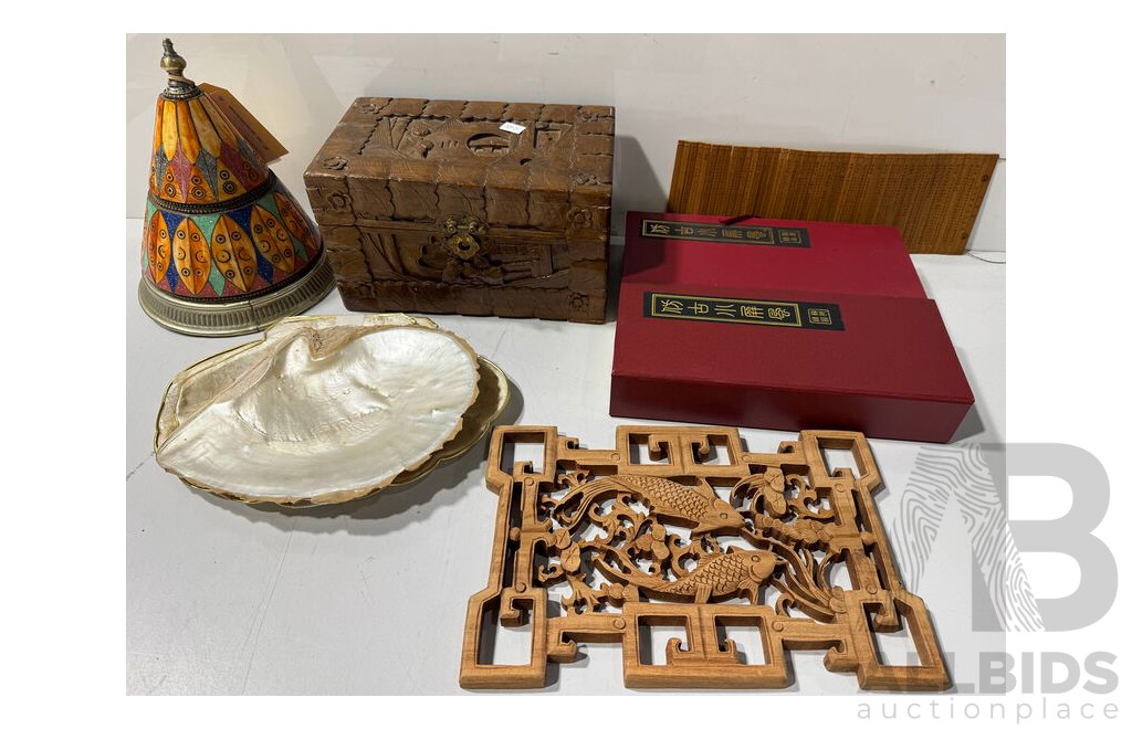 Collection Asian Items Including Carved Box, Mother of Pearl Shell, Carved Wooden Panel Depicting Carp, Two Miniature Screens in Original Boxes and More