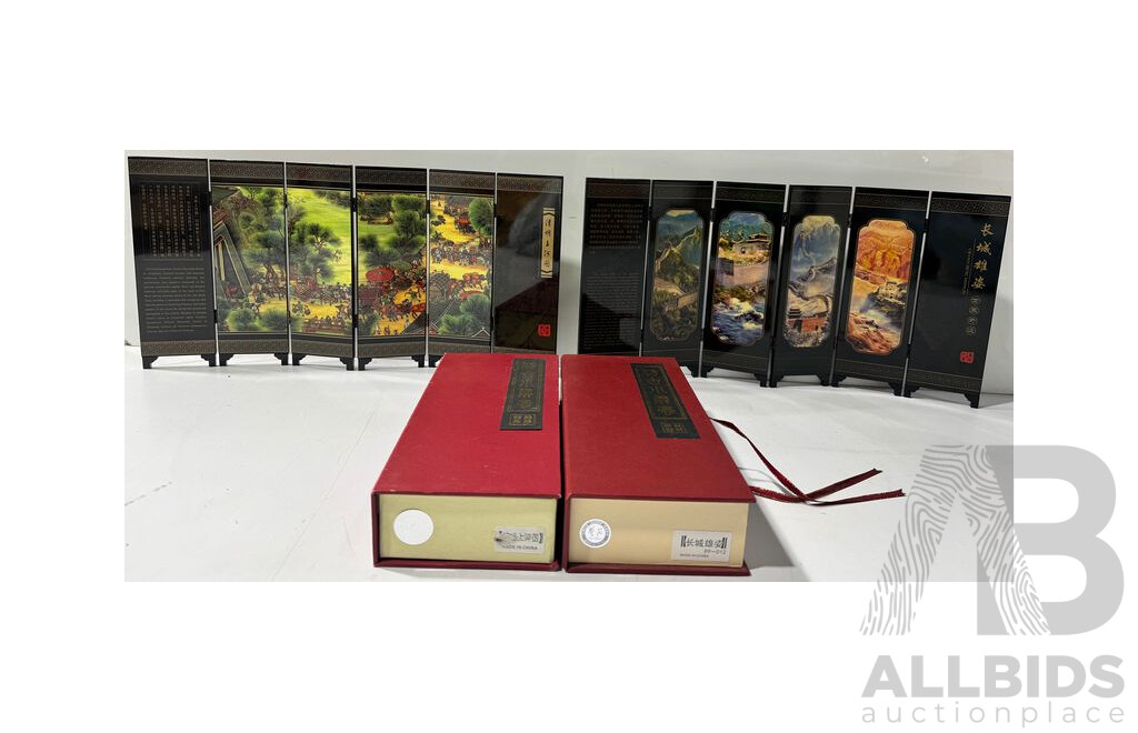 Collection Asian Items Including Carved Box, Mother of Pearl Shell, Carved Wooden Panel Depicting Carp, Two Miniature Screens in Original Boxes and More
