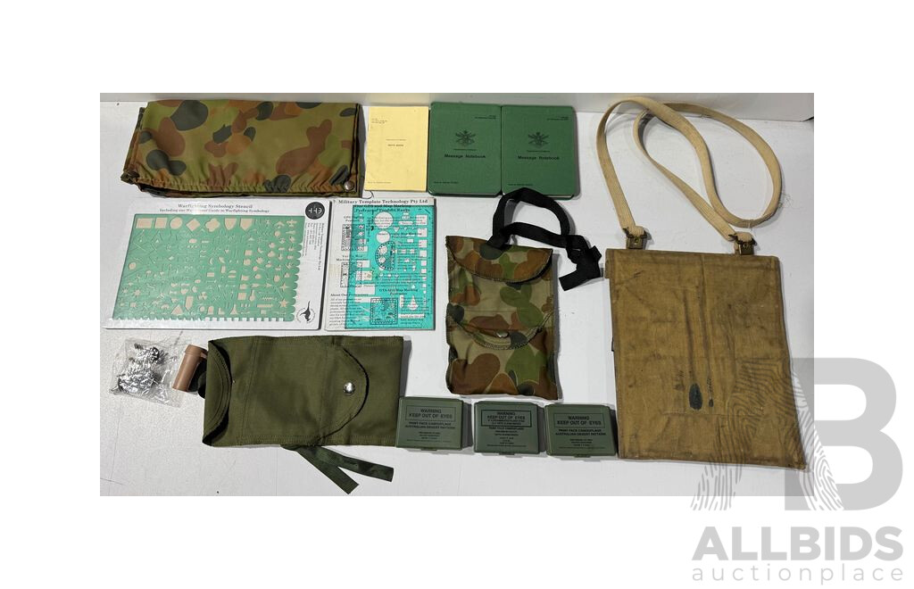 Collection of Australian Military Gear Including Two Message Notebook, Three Face Camouflage Paints, Sewing Kits, 1942 Map Board and More