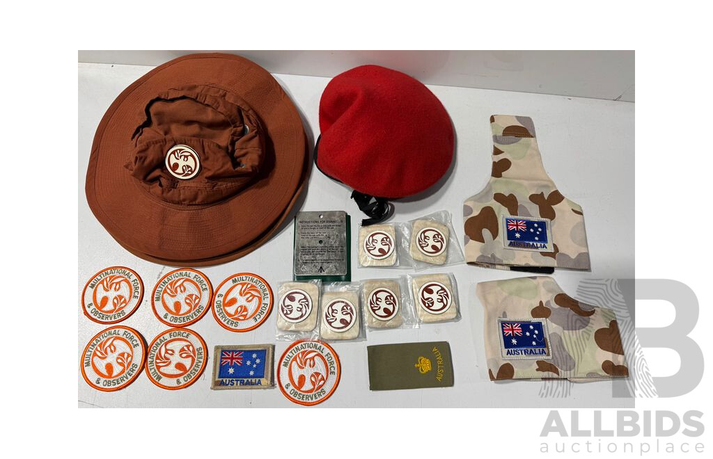 Collection Military Cloth Patches for Multinational Force & Observers, Six Enamel Pin Examples, Arm Patches, Beret, Hats and More