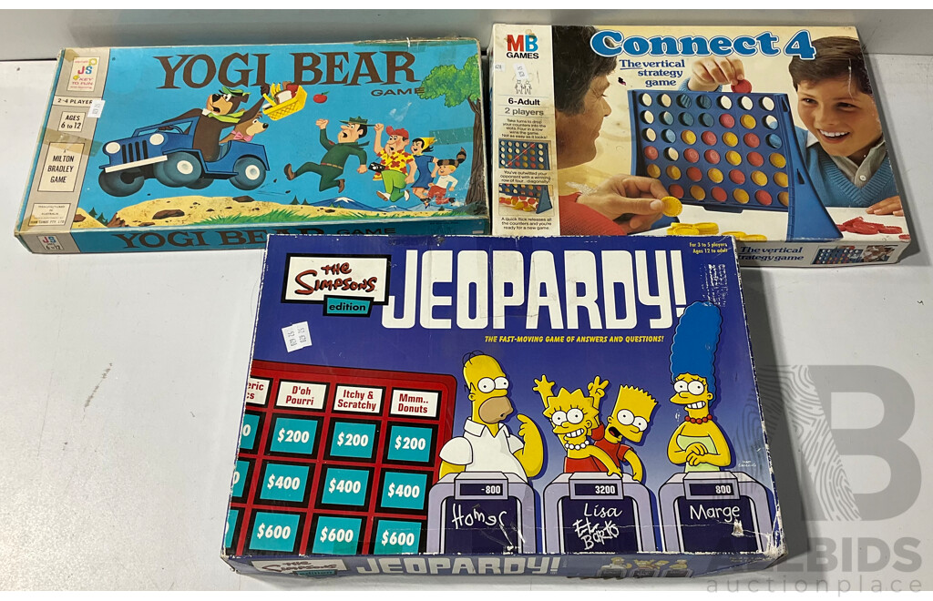 Collection of Board Games, 1984 Connect 4, 2003 Jeopardy the Simpsons Edition, and 1971 Yogi Bear Game
