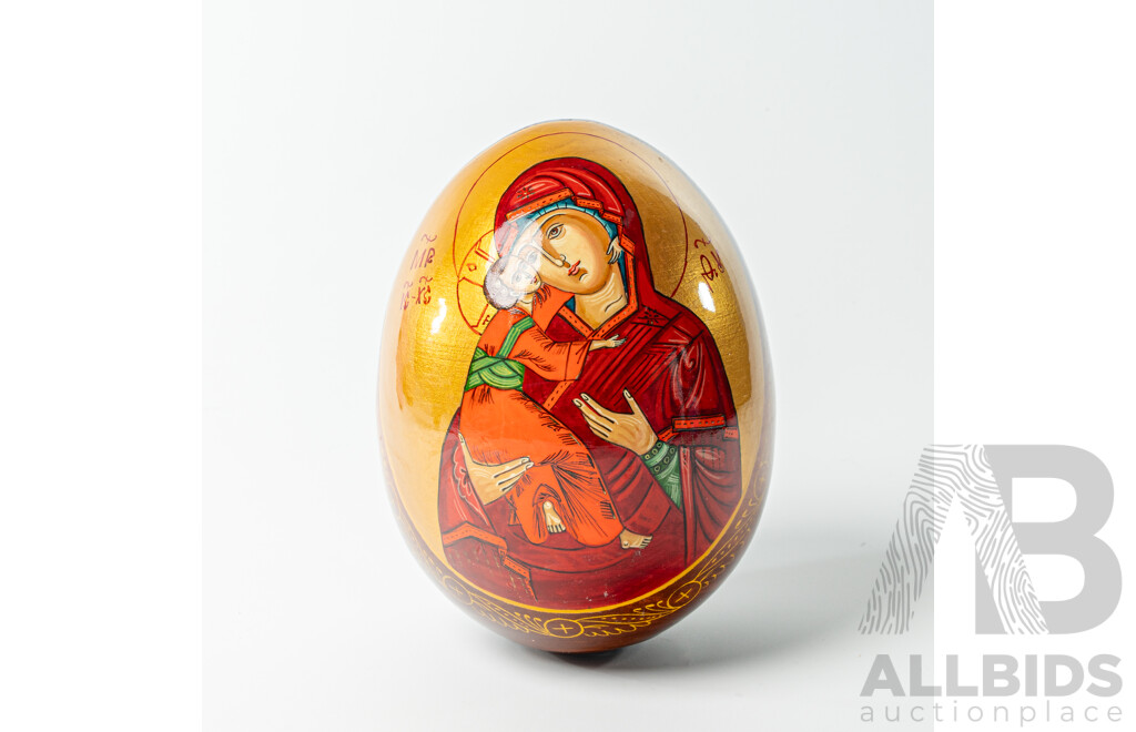 Hand Painted Russian Wood & Lacquer Icon Easter Egg