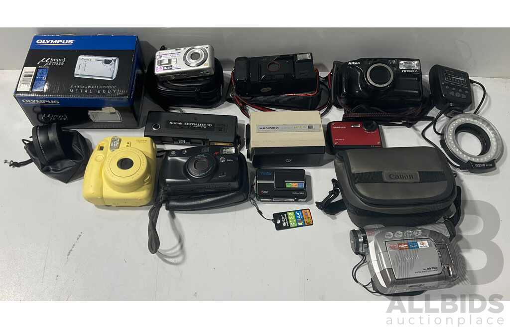 Collection of Vintage Digital Cameras, Ring Light and Camera Lens - Lot of 13