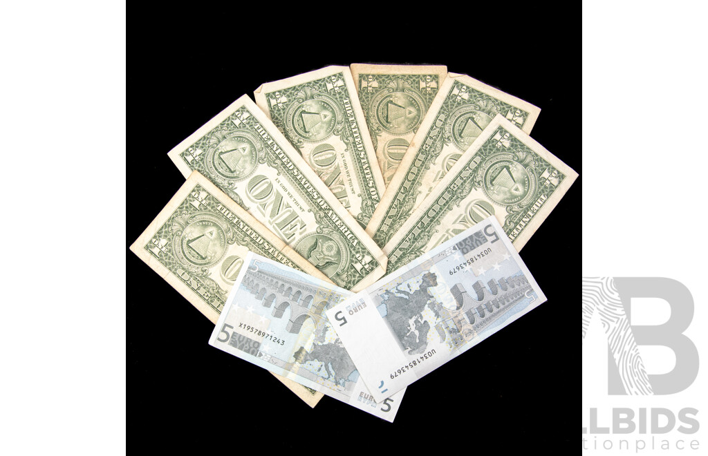Seven USA One Dollar Notes, Examples Spanning 1977 to 2009 with Two 2002 Euro Five Dollar Notes