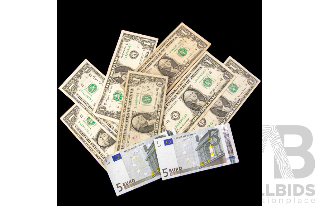 Seven USA One Dollar Notes, Examples Spanning 1977 to 2009 with Two 2002 Euro Five Dollar Notes
