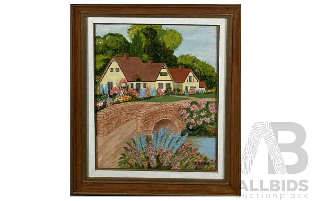 Basil Blume (20th Century, Australian, 1920-2018), Colourful Country Home by Bridge (1999), Original Oil on Canvas, 32 X 27 Cm (frame)