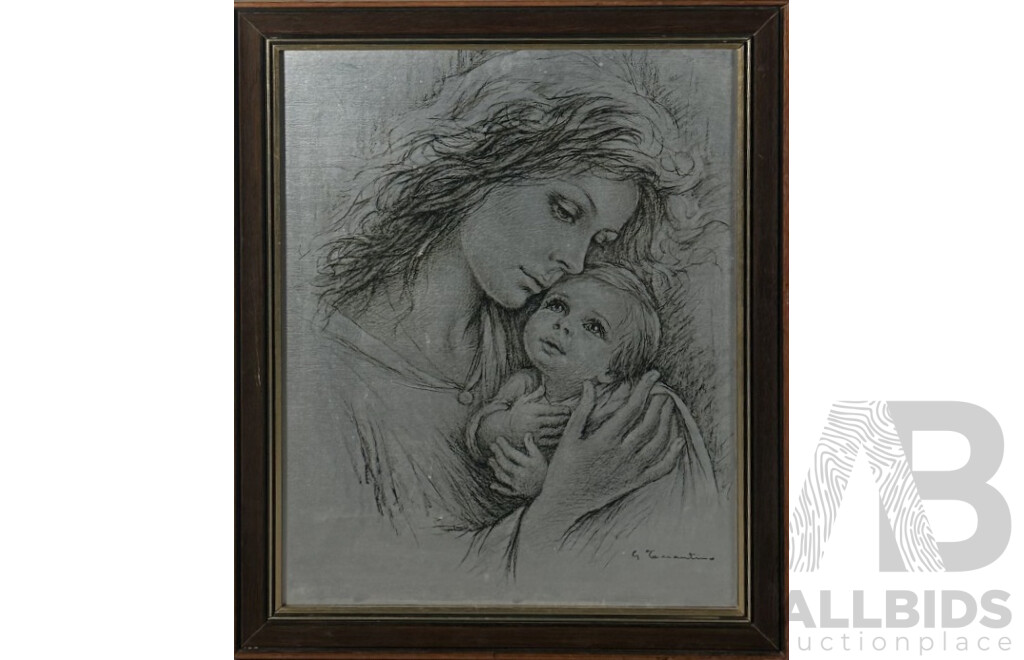 Giuseppe Tarantino (20th Century, Italian, 1916-1999), Mother and Child, Original Vintage Lithograph Print on Silver Paper, 56 x 46 cm (frame)