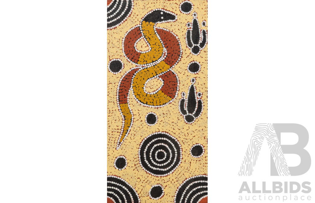 Peggy Nakamara, (20th Century, Indigenous-Australian, 1949-), Snake & Emu, Original Acrylic on Canvas Board, 20 x 40 cm