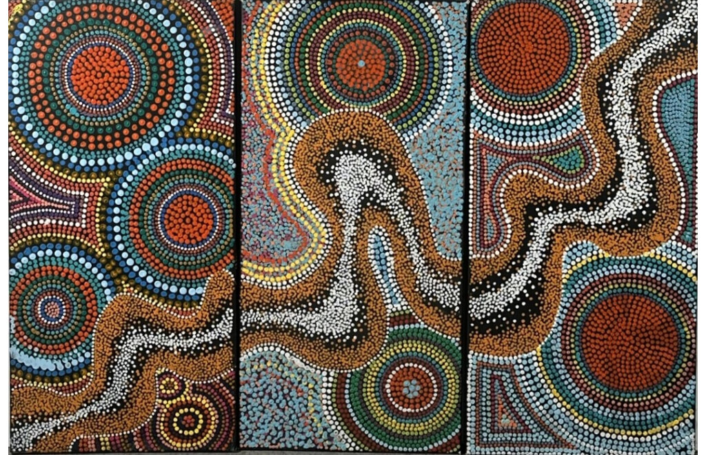 Artist Unknown, (20th Century, Indigenous-Australian), Our Country with Winding River, Trio of Interconnected Original Acrylic on Stretched Canvas, 60 x 30 cm (3)
