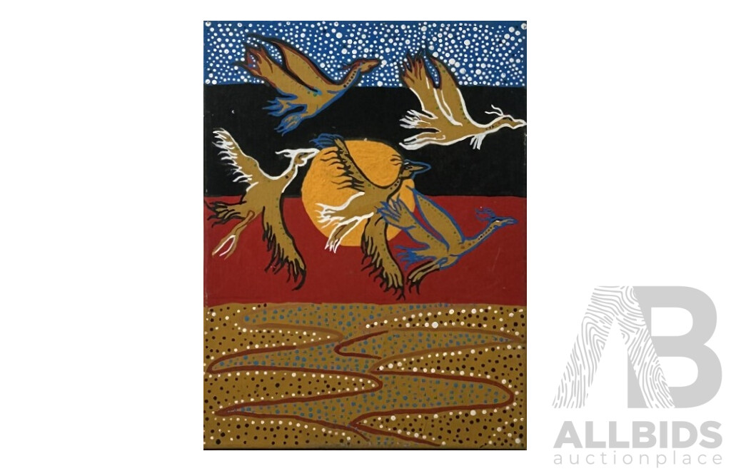 Nayo Ako, (20th Century, Indigenous-Australian), Brolgas Over Setting Sun, Original Acrylic on Stretched Canvas, 40 x 30 cm