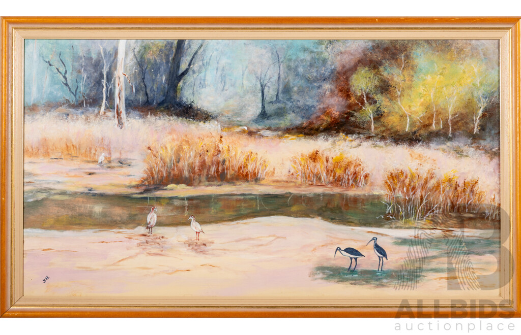 J.H. (20th Century), Birds Wading, Original Vintage Oil on Board, 53 x 90 cm (frame)