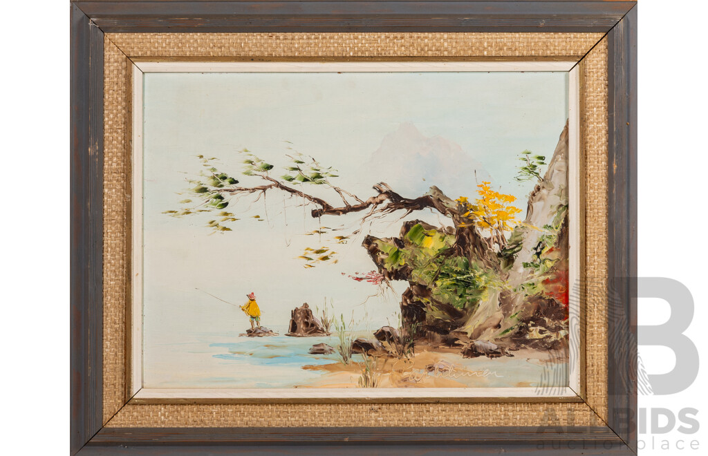 J. Vandyke (20th Century, Australian), Angler's Paradise, Wonderful Original Vintage Oil on Board, 43 x 53 cm (frame)