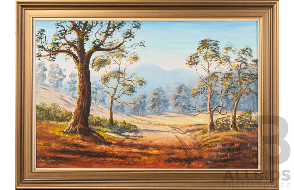 Vera Spicer, (20th Century, Australian, 1926-2009), Blue Mountains, Gum Trees, Original Oil on Masonite, 76 x 106 cm (frame)