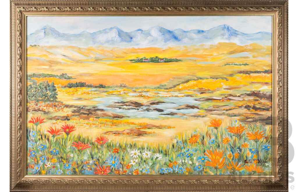 Julie Viljoen, (20th Century, South African), Floral Carpet in the Distance, Original Oil on Canvas, 83 x 136 cm (frame)