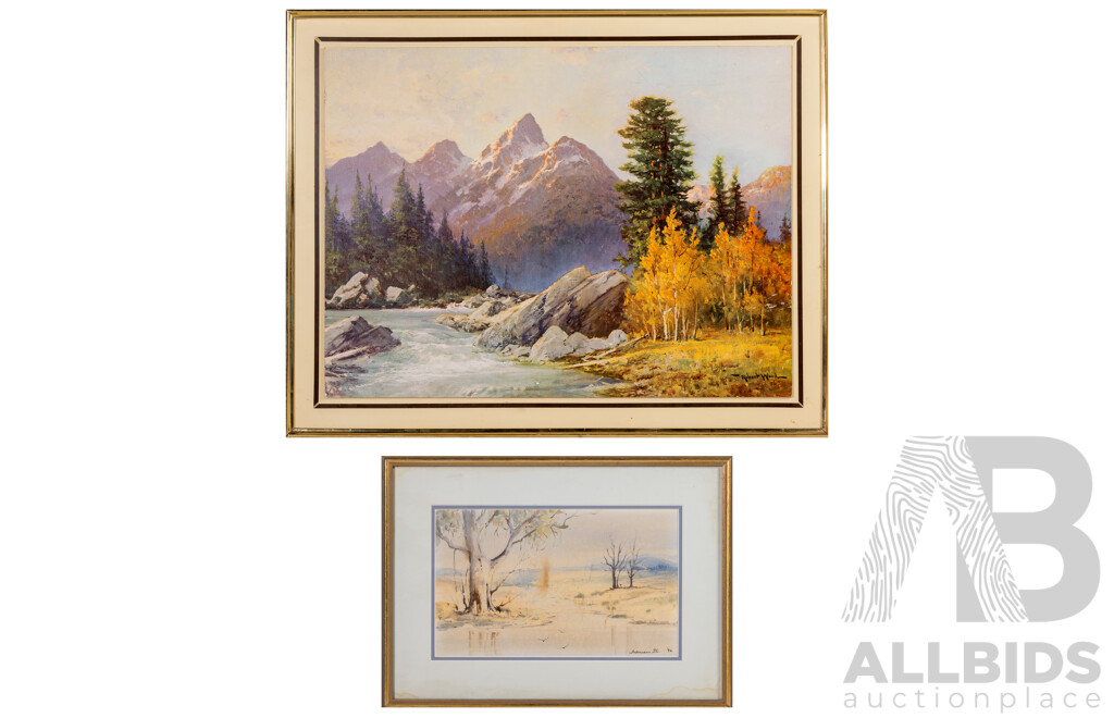 Robert Wood (Working c 1950s) and Maureen DL (Working c 1990s) Autumn Day & Gums by Water, Reproduction Print of Original Oil & Original Watercolour, 56 x 71 cm (frame (largest) (2)