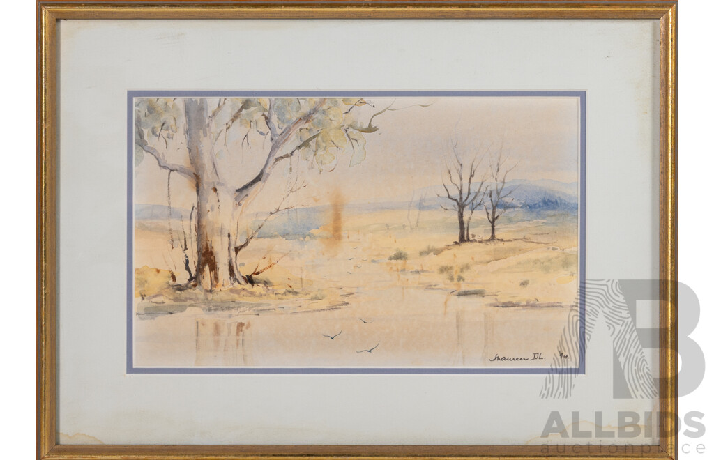 Robert Wood (Working c 1950s) and Maureen DL (Working c 1990s) Autumn Day & Gums by Water, Reproduction Print of Original Oil & Original Watercolour, 56 x 71 cm (frame (largest) (2)
