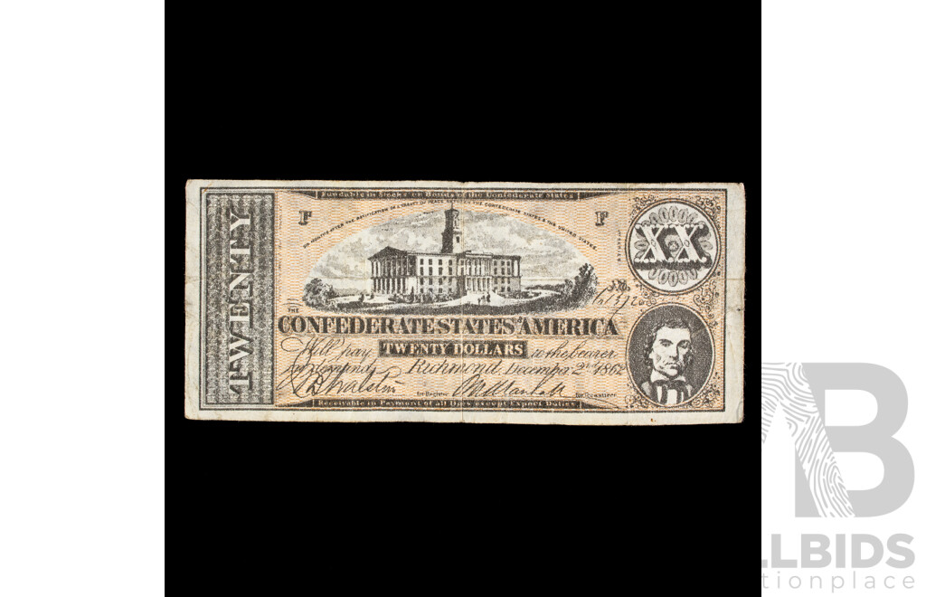 Confederate States of America December 2nd 1862 Twenty Dollar Note, Civil War Note