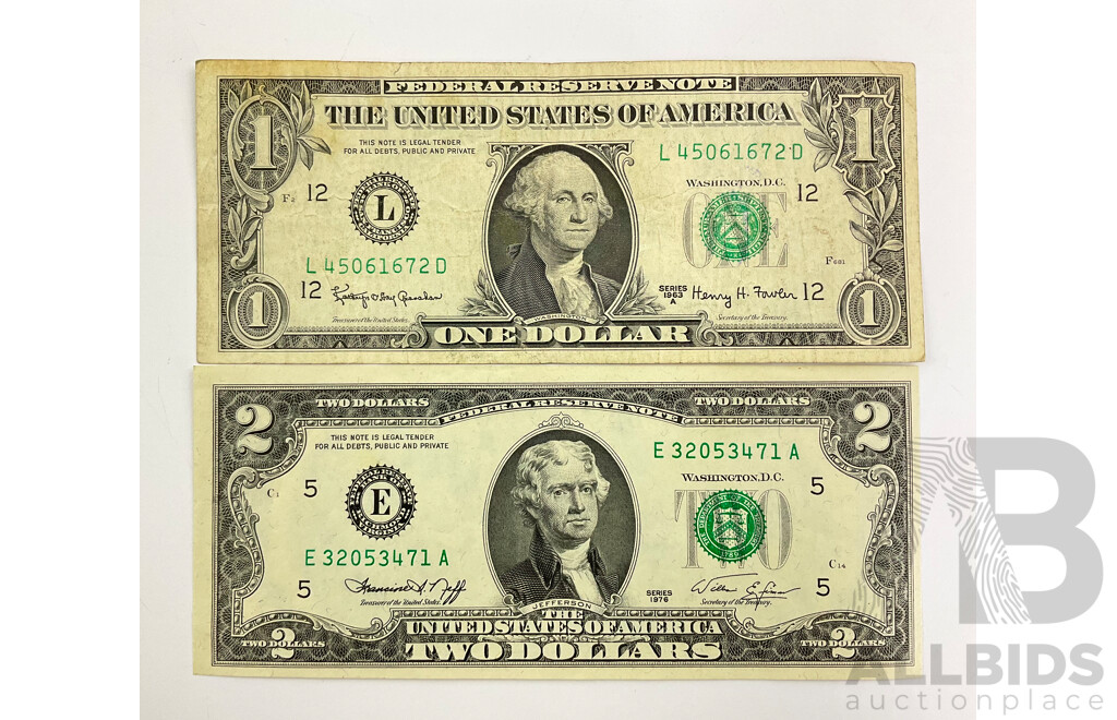 USA 1976 Two Dollar Note and 1963 Series A One Dollar Note