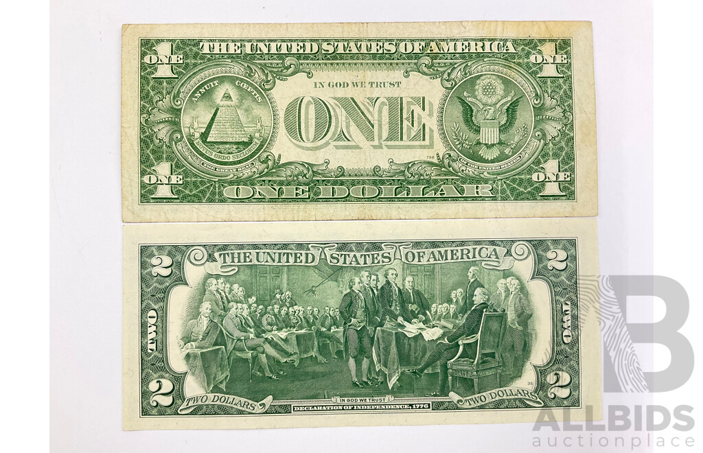 USA 1976 Two Dollar Note and 1963 Series A One Dollar Note