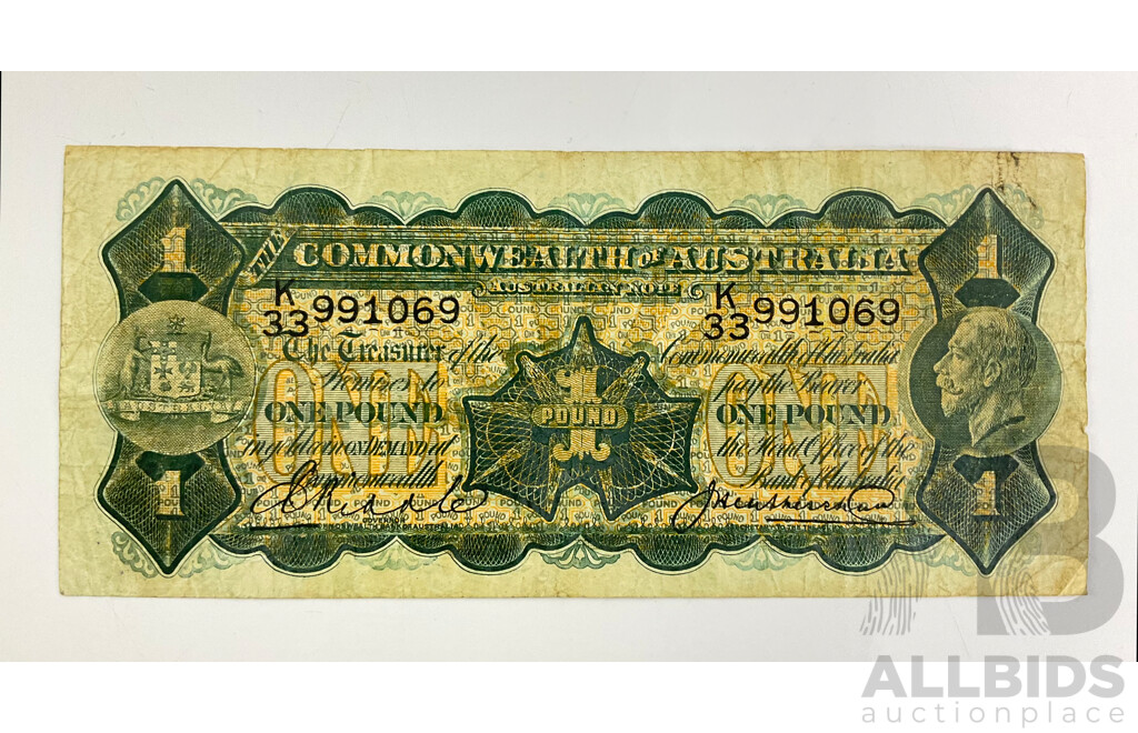 Australian 1927 One Pound Note, Riddle/Heathershaw R26, K33 991069
