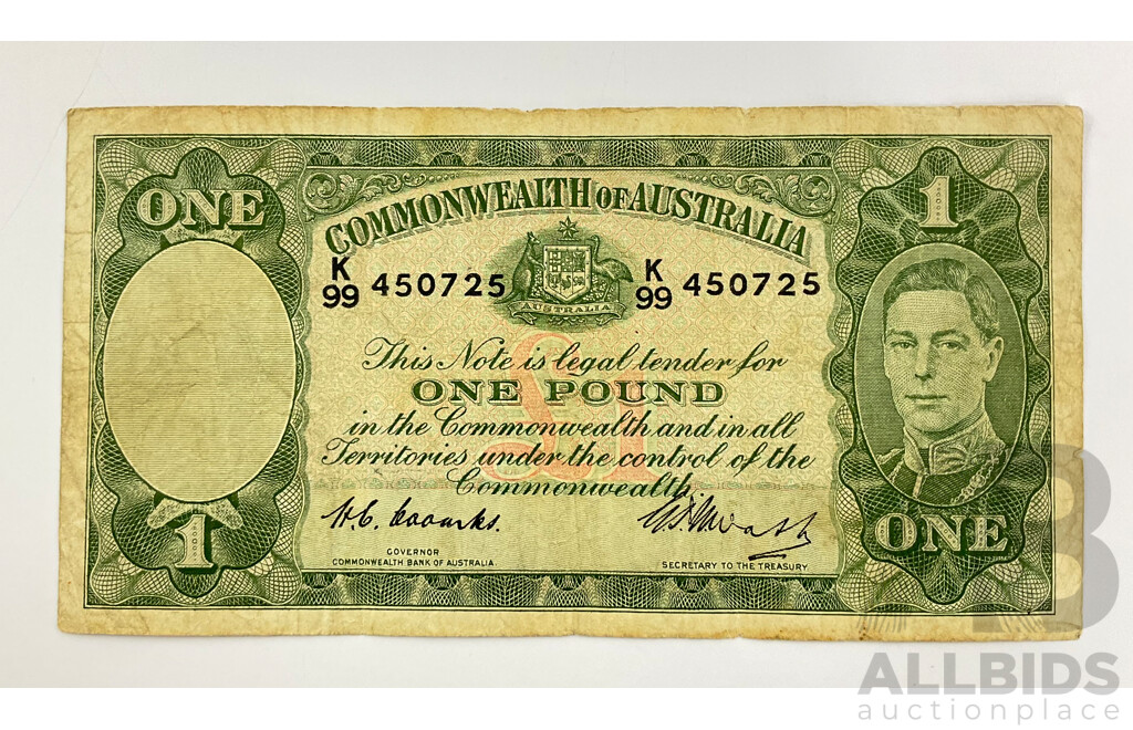 Australian 1949 One Pound Note, Coombs/Watt R31, K99 450725