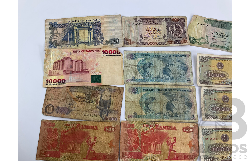 Vintage African Banknotes Including Zimbabwe, Zambia, Tanzania with Qatar and Vietnam Banknotes
