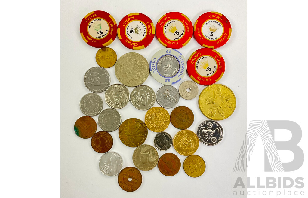 Collection of Vintage Tokens, Medallions, Coins and Casino Chips Including Federation, Darling Harbour, Car Wash, Tilt, Grundy's, AFL, VFL, Abberfield, Dream World, Metro Monorail, Jupiters, Crown, Brunswick