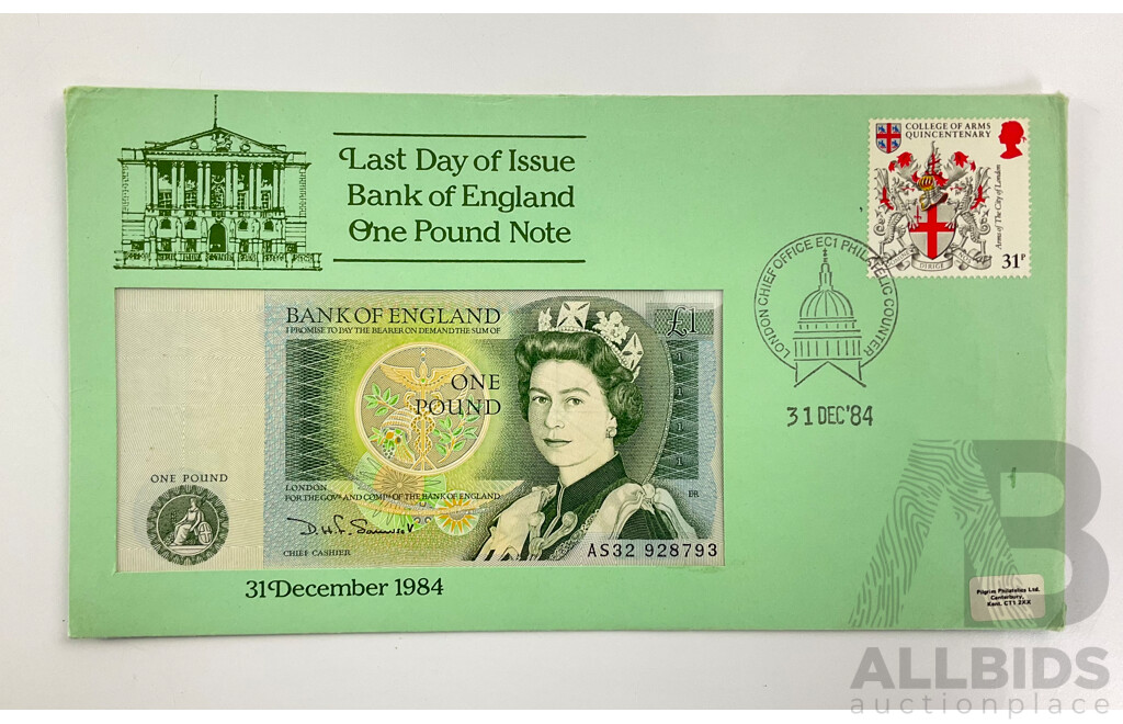 United Kingdom 1984 Last Day of Issue One Pound Note and Cover