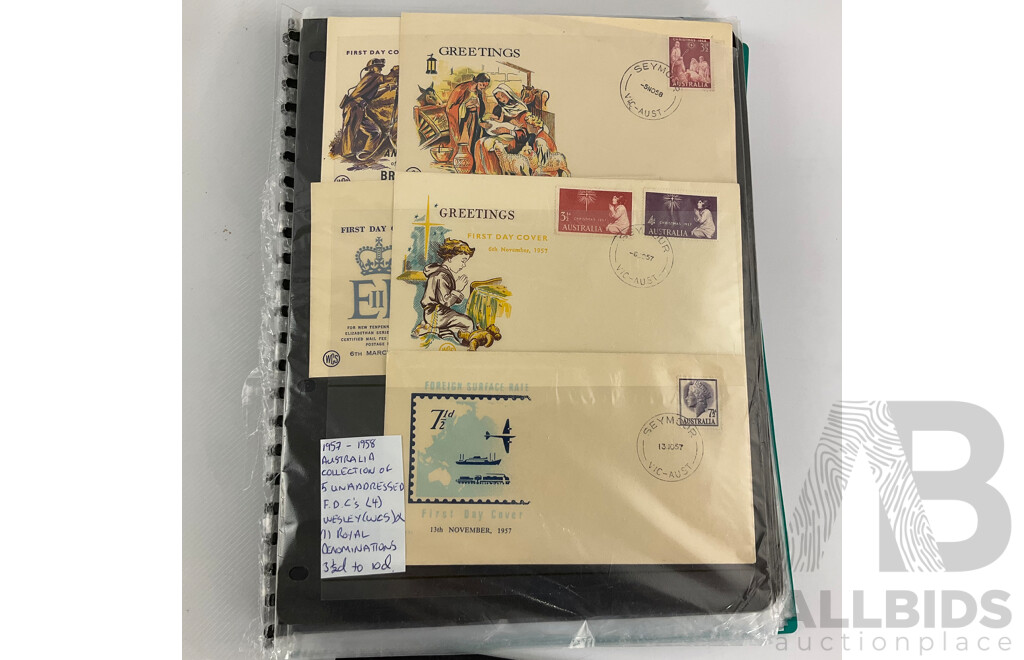 Collection of Australian Vintage First Day Covers and Stamps Including Mint Predecimal, Produce Food! Blocks, QV, KGV, FDC's 1956 Melbourne Olumpics, Flying Doctor, QE2, Qantas and More