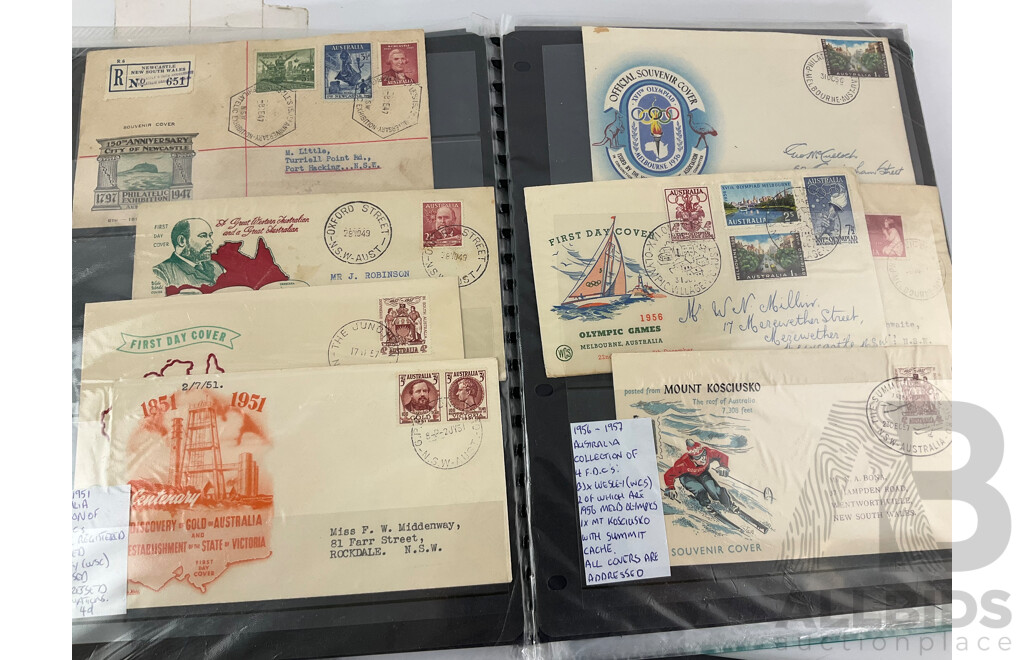 Collection of Australian Vintage First Day Covers and Stamps Including Mint Predecimal, Produce Food! Blocks, QV, KGV, FDC's 1956 Melbourne Olumpics, Flying Doctor, QE2, Qantas and More