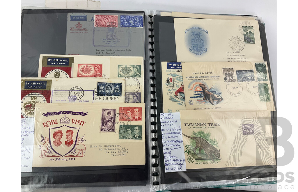 Collection of Australian Vintage First Day Covers and Stamps Including Mint Predecimal, Produce Food! Blocks, QV, KGV, FDC's 1956 Melbourne Olumpics, Flying Doctor, QE2, Qantas and More