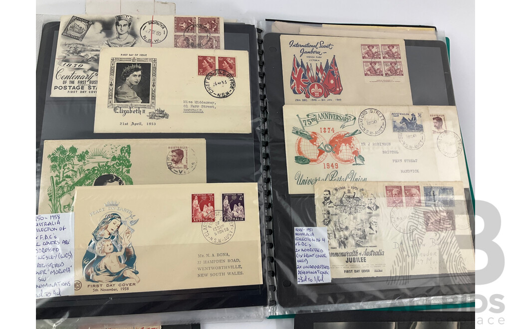 Collection of Australian Vintage First Day Covers and Stamps Including Mint Predecimal, Produce Food! Blocks, QV, KGV, FDC's 1956 Melbourne Olumpics, Flying Doctor, QE2, Qantas and More
