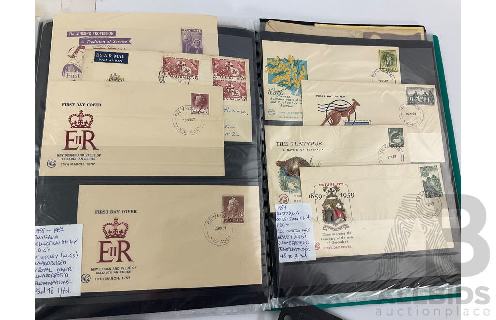 Collection of Australian Vintage First Day Covers and Stamps Including Mint Predecimal, Produce Food! Blocks, QV, KGV, FDC's 1956 Melbourne Olumpics, Flying Doctor, QE2, Qantas and More