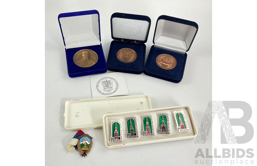 Two Boxed Russian Medallions, First Russian Ship in Australia, Russian Religious Medal with Soviet Union Spasskaya Tower Badges, Russian WW2 Commemorative Medal