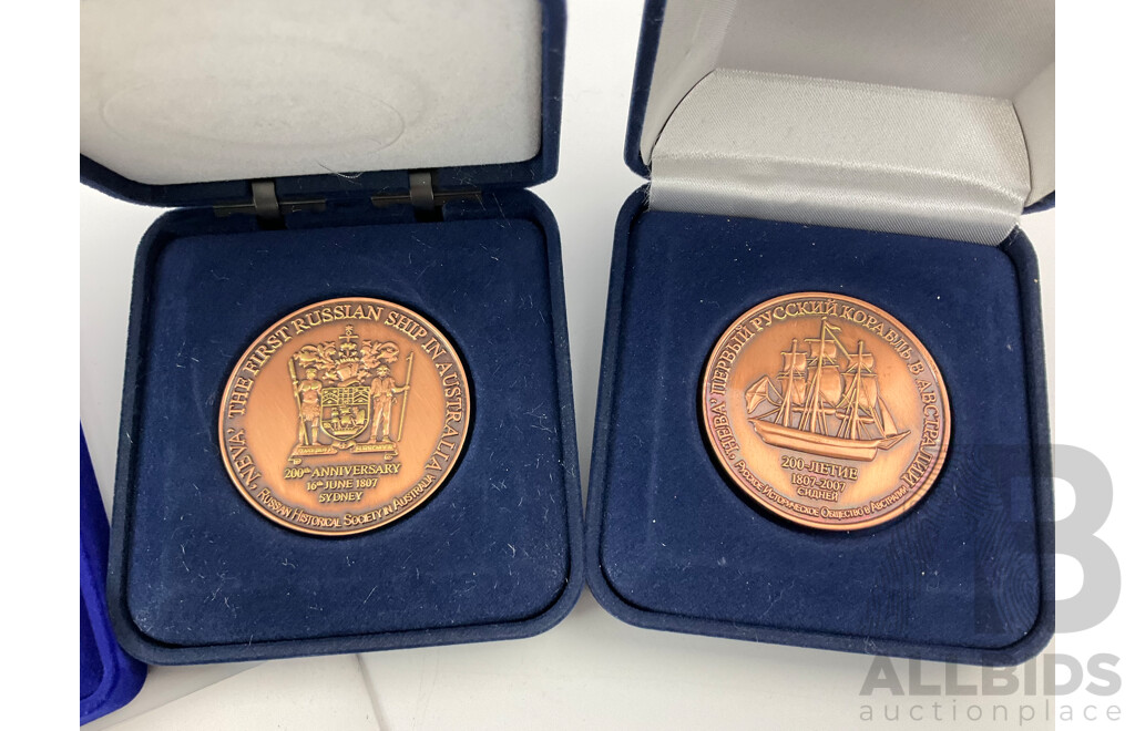 Two Boxed Russian Medallions, First Russian Ship in Australia, Russian Religious Medal with Soviet Union Spasskaya Tower Badges, Russian WW2 Commemorative Medal