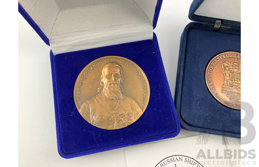 Two Boxed Russian Medallions, First Russian Ship in Australia, Russian Religious Medal with Soviet Union Spasskaya Tower Badges, Russian WW2 Commemorative Medal