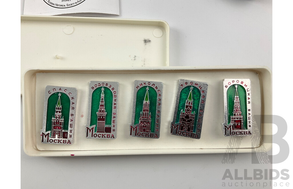 Two Boxed Russian Medallions, First Russian Ship in Australia, Russian Religious Medal with Soviet Union Spasskaya Tower Badges, Russian WW2 Commemorative Medal