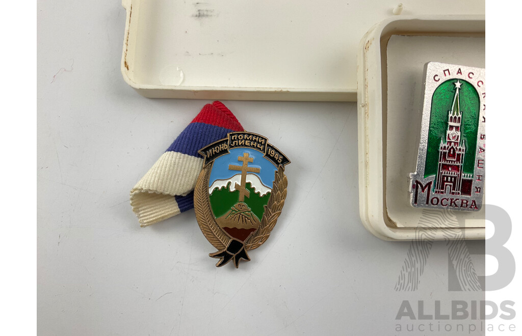 Two Boxed Russian Medallions, First Russian Ship in Australia, Russian Religious Medal with Soviet Union Spasskaya Tower Badges, Russian WW2 Commemorative Medal