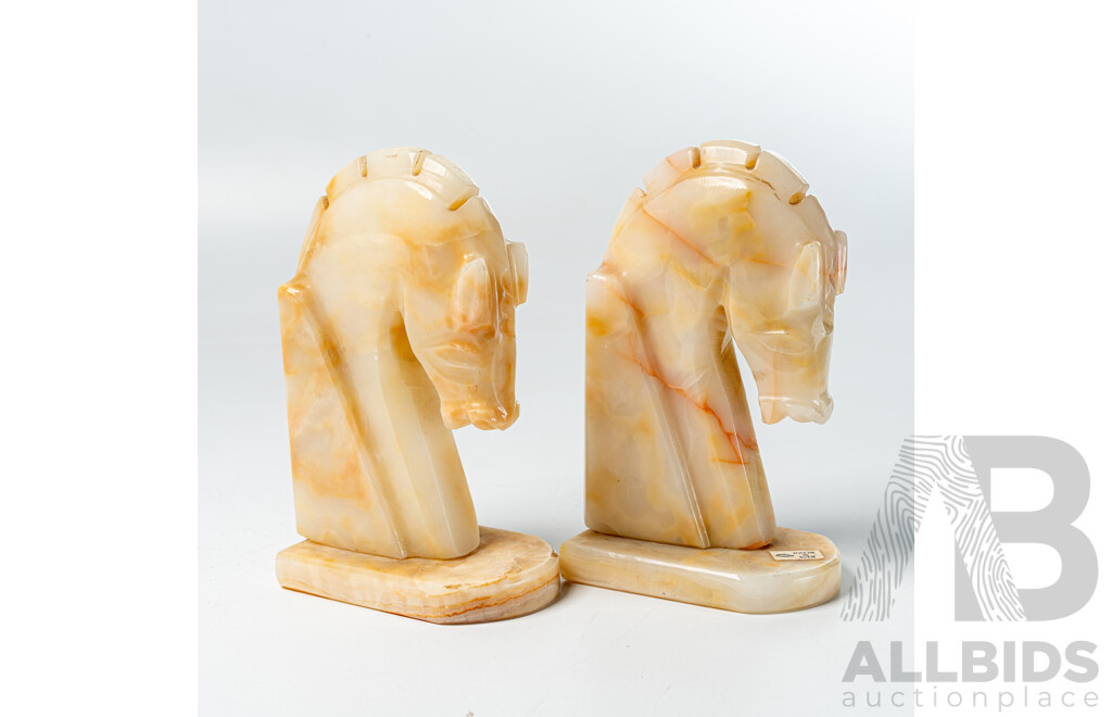 Pair Mexican Carved Onyx Horse Head Book Ends