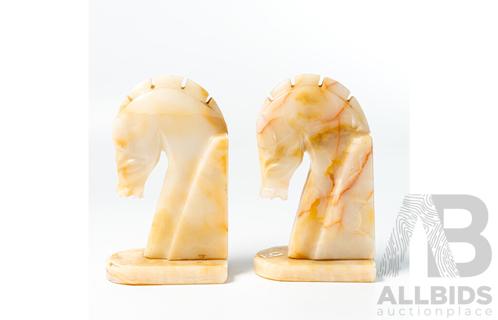 Pair Mexican Carved Onyx Horse Head Book Ends