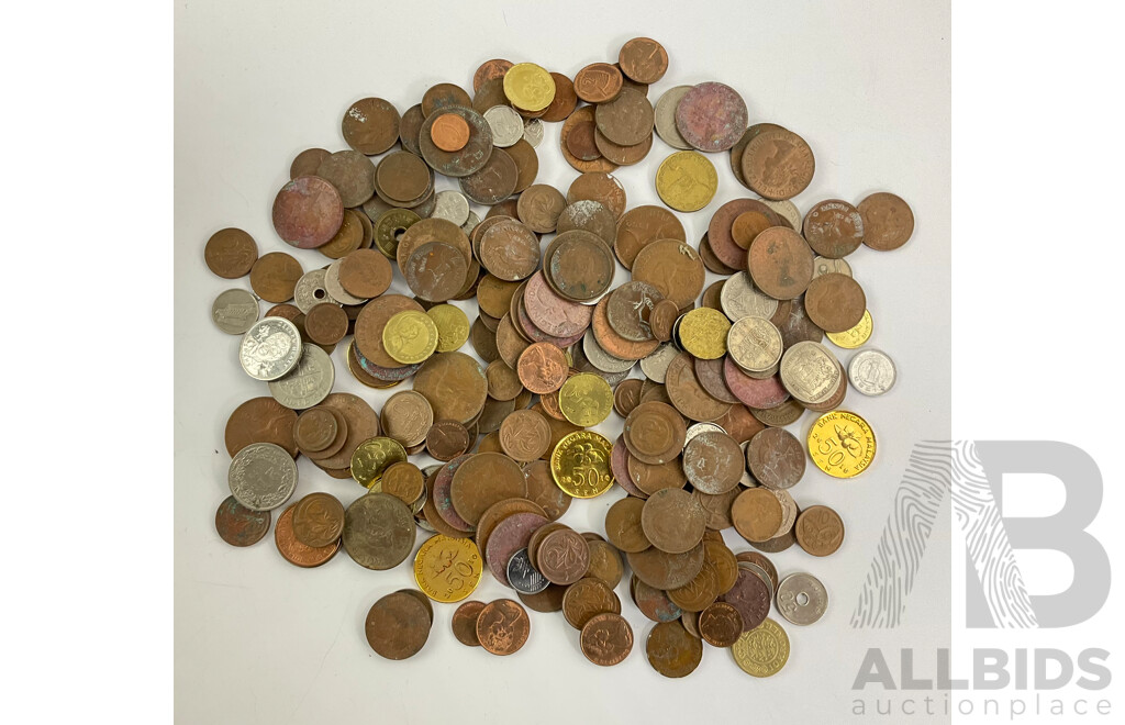 Collection of International Coins Including Australian Pennies, Half Pennies, One, Two Cent, Malaysia, Denmark, China, Netherlands - Approximately 1.2 Kilograms