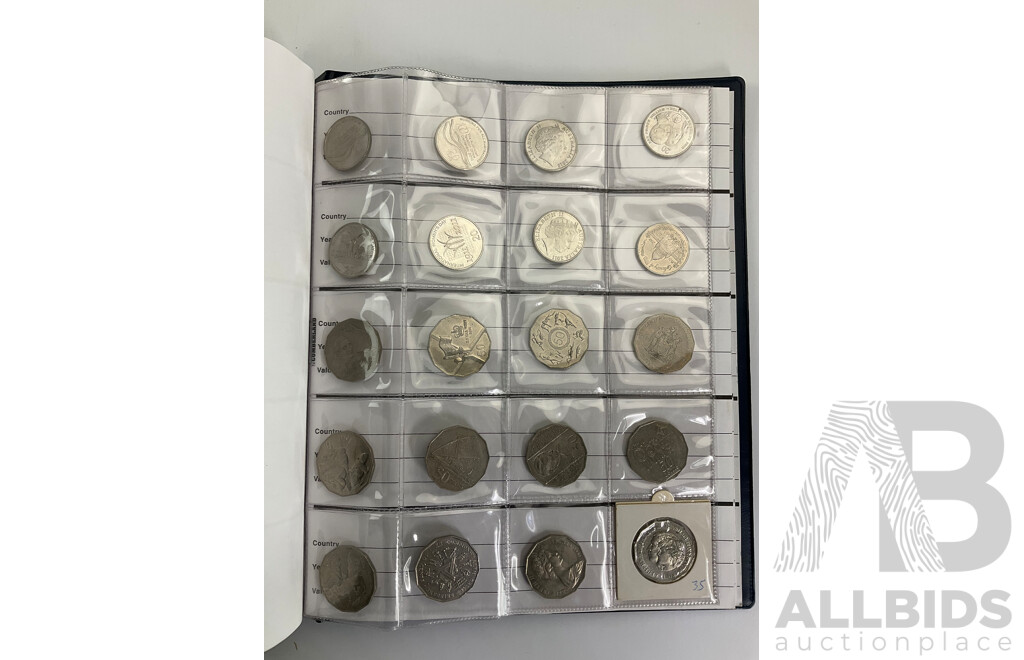 Renniks Coin Album Containing Australian Commemorative One Dollars, Fifty Cents, Twenty Cents, International, United Kingdom, USA,
