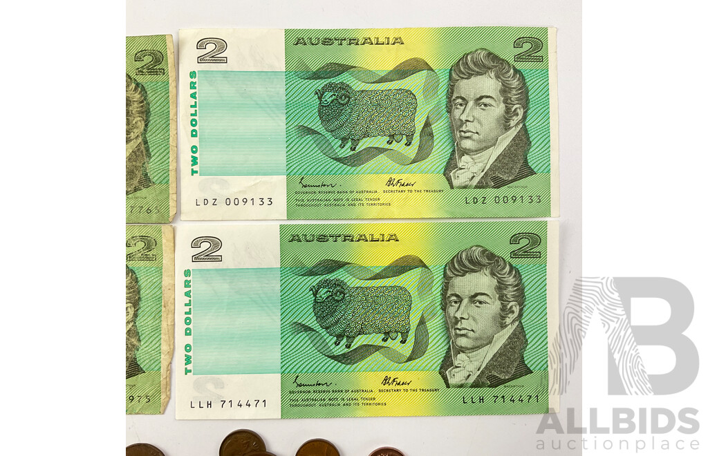 Four Australian 1985 Two Dollar Notes, Johnston/Fraser with Collection of One and Two Cent Coins - Approximately 1.3 Kilograms