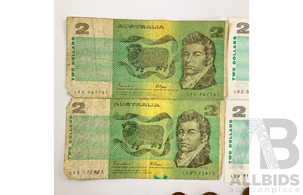 Four Australian 1985 Two Dollar Notes, Johnston/Fraser with Collection of One and Two Cent Coins - Approximately 1.3 Kilograms