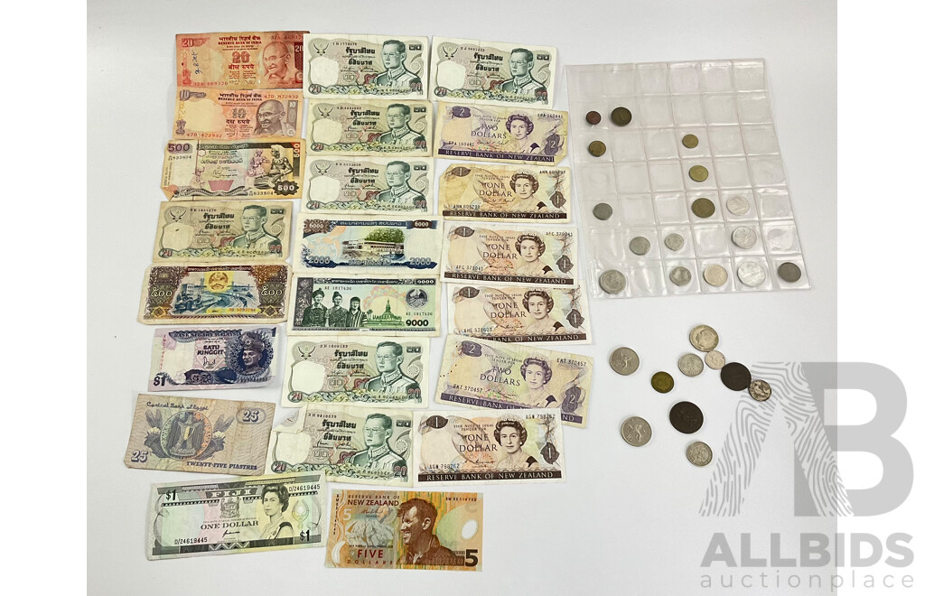 Collection of International Vintage Banknotes Including New Zealand, Fiji, India, Sri Lanka, Thailand, Laos, Malaysia, Egypt with Coins Including Italy, Germany, East Indies, Straits Settlements