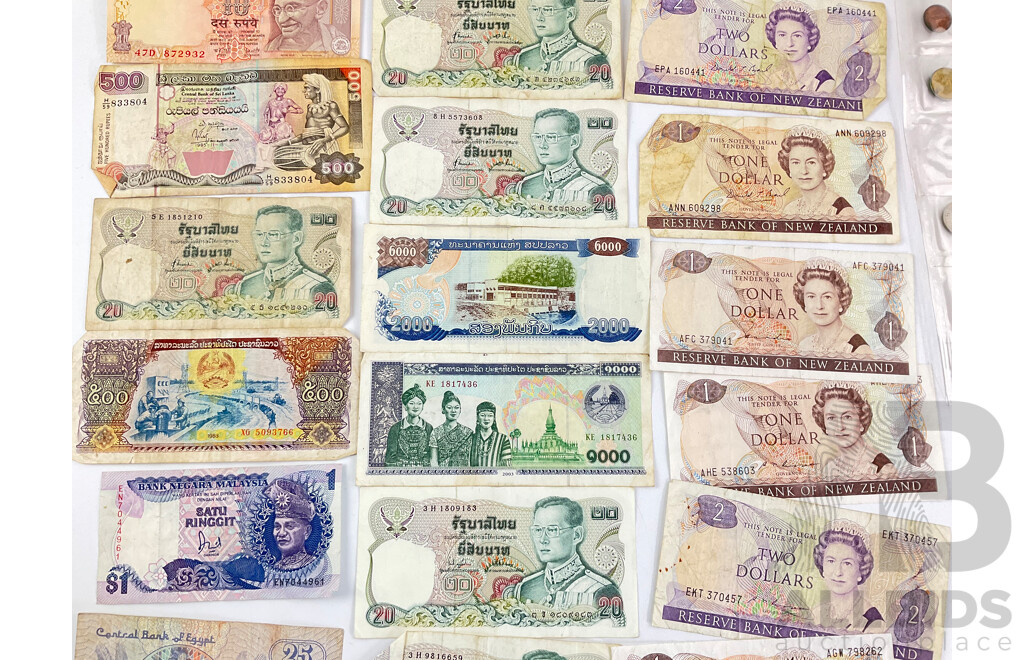 Collection of International Vintage Banknotes Including New Zealand, Fiji, India, Sri Lanka, Thailand, Laos, Malaysia, Egypt with Coins Including Italy, Germany, East Indies, Straits Settlements