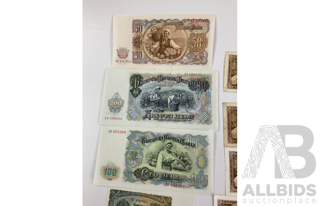 Collection of Vintage Eastern European Banknotes Including Bulgaria, Yugoslavia, Imperial Russia