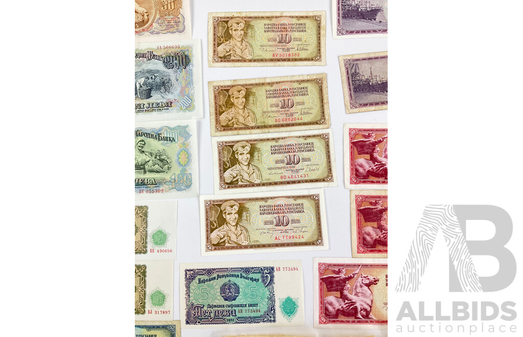 Collection of Vintage Eastern European Banknotes Including Bulgaria, Yugoslavia, Imperial Russia