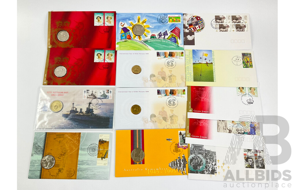 Collection of Eight Australian PNCs and First Day Covers Including 2002 QE2 Golden Jubilee, 2011 Royal Australian Navy, 1998 Bass/Flinders, 1995 Weary Dunlop, 1999 Year of the Older Person, 1994 Year of the Family