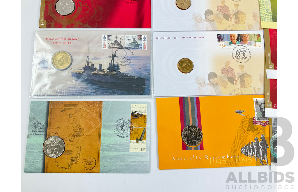 Collection of Eight Australian PNCs and First Day Covers Including 2002 QE2 Golden Jubilee, 2011 Royal Australian Navy, 1998 Bass/Flinders, 1995 Weary Dunlop, 1999 Year of the Older Person, 1994 Year of the Family